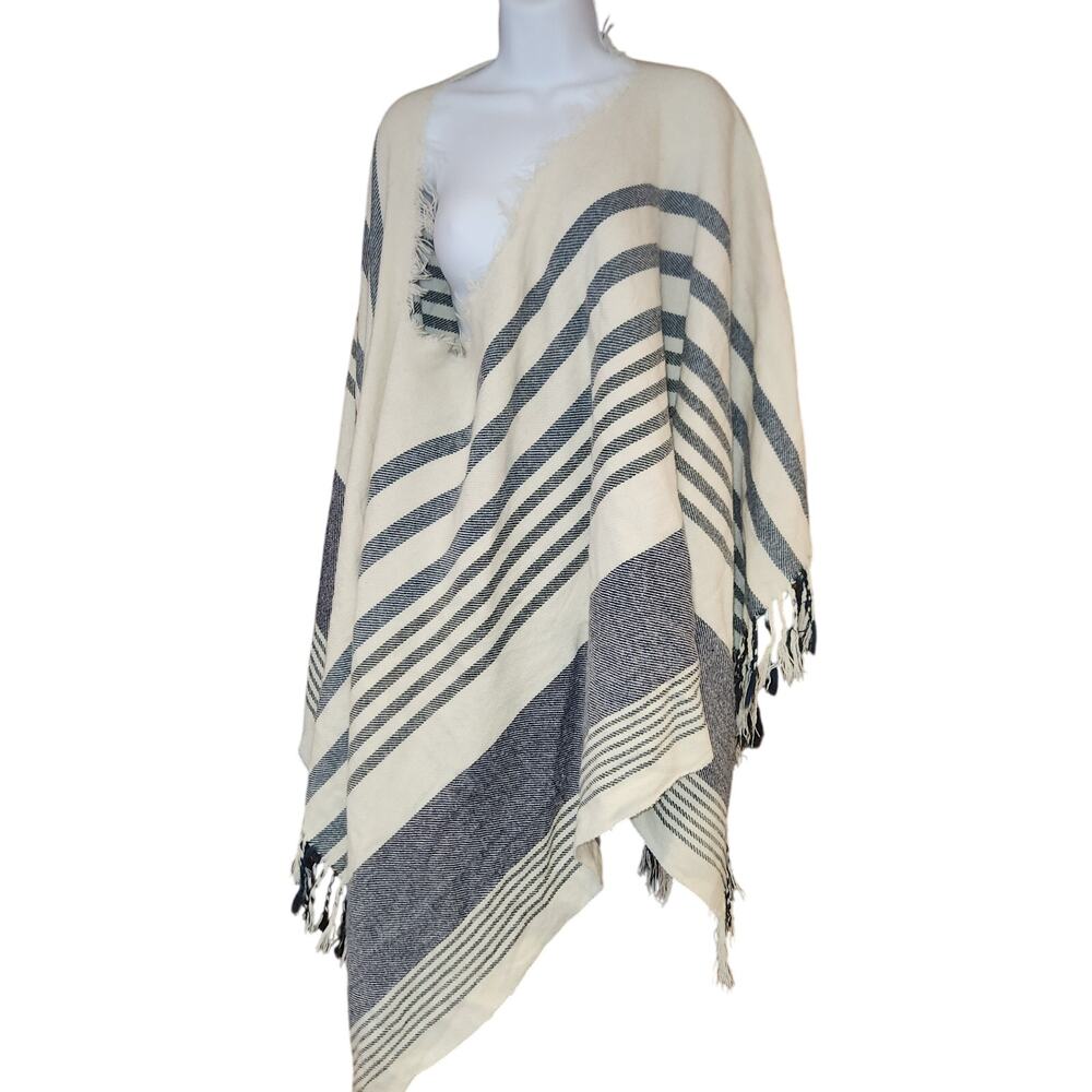 Free People‎ Striped Poncho Sweater Throw Navy And Creme OS